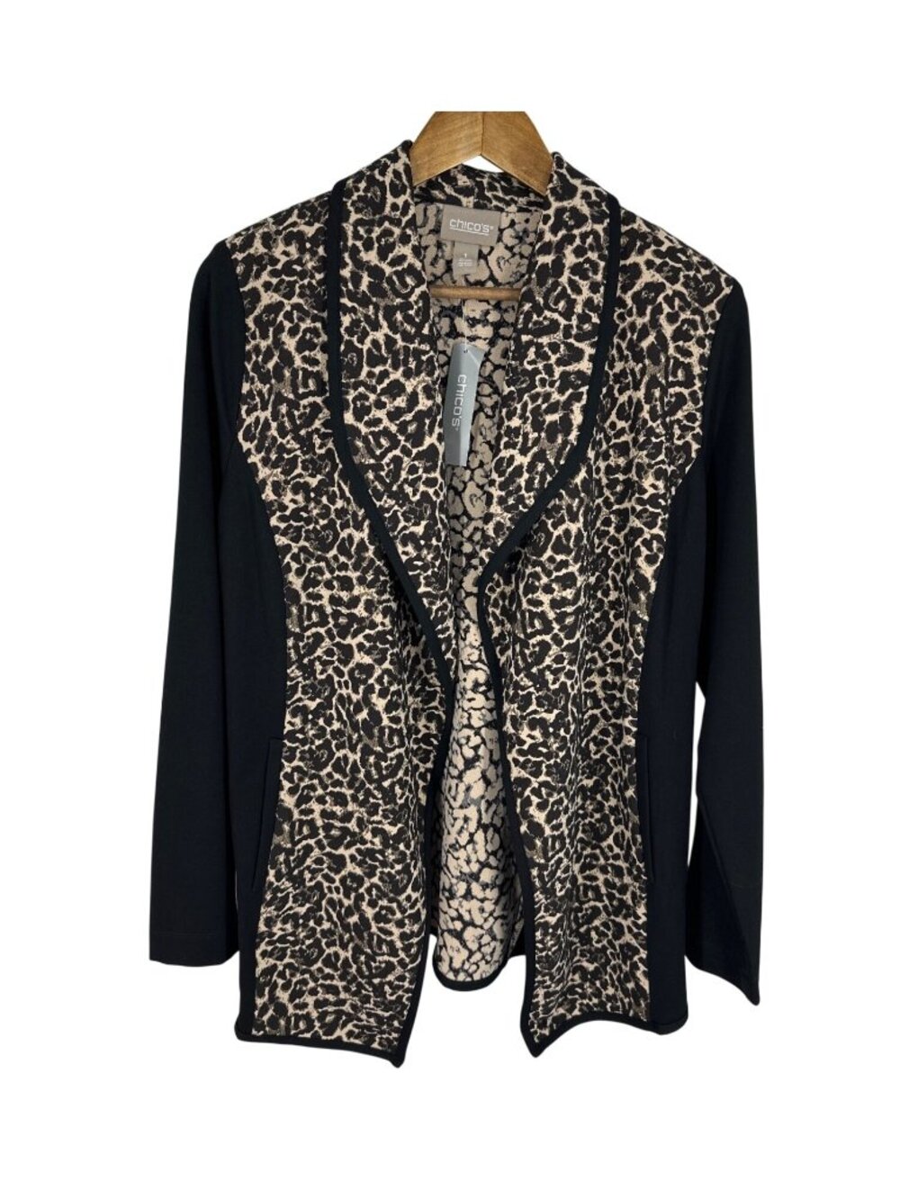 Chicos Cheetah Camel Open Front Ponte Jacket Size 1 US M